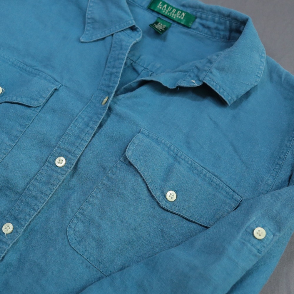 Lauren Ralph Lauren Shirt Womens PL Blue 100% Linen Button Down Roll Up Sleeves - Picture 5 of 10
